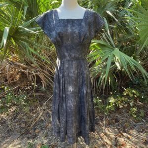 50s Vintage Gray and Black Abstract Dye Day Dress